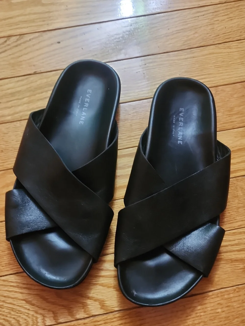 Everlane The Form Black Leather Crisscross Strap Slide Sandals